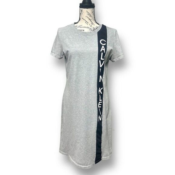 Calvin Klein M Gray Cotton Stretch Logo T-Shirt Dress Casual Shift Short Sleeve - Picture 2 of 8